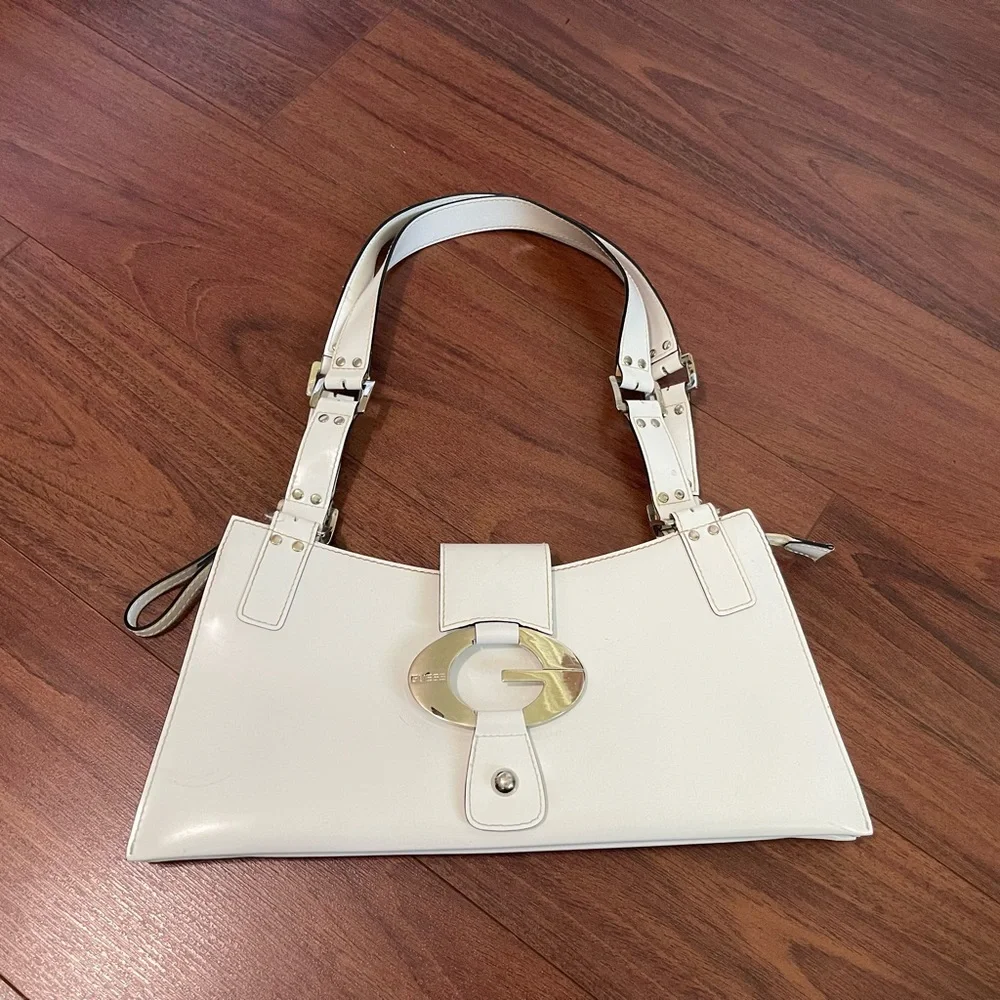 Vintage Guess white patent leather prominent silver G purse handbag tote - Picture 3 of 12
